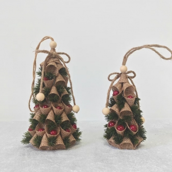Burlap Red Berry Mini Tree Christmas Ornaments, 2 Sizes Burlap Red Berry Mini Tree Christmas Ornaments, 2 Sizes
