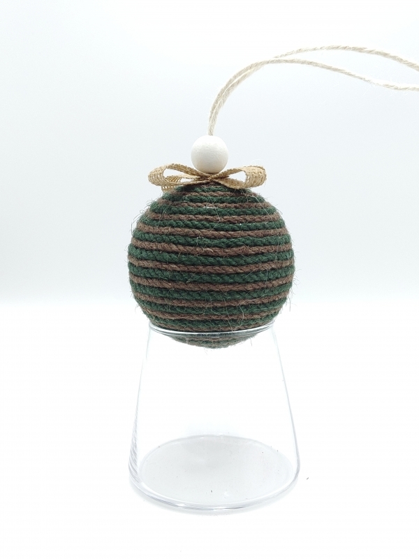 Green & Brown Striped Jute Christmas Ball Ornament Rustic Two-Tone Twine Hanging Bauble