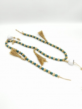 Green White Wood Bead Garland with White Bell and Double Jute Tassels, Rustic Wooden Bead Hanging Decor