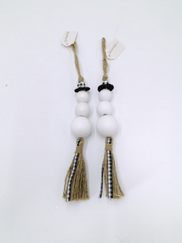 White Bead Snowman Ornament Garland with Black Trim and Double Jute Tassels, Set of Two Festive Hanging Decor