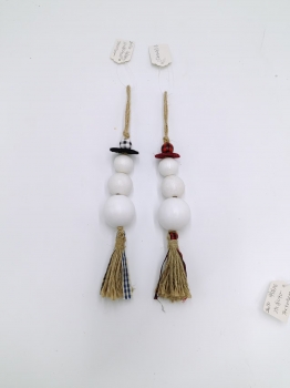 White Bead Snowman Ornament Garland with Double Jute Tassels, Set of Two Festive Hanging Decor