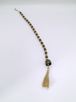 Dark Brown Natural Wood Bead Garland with Metal Bell, Long Rustic Wooden Bead Hanging Decor