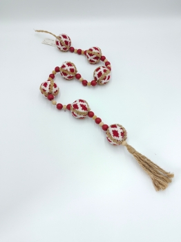 Farmhouse Red Houndstooth Fabric Ball Wood Bead Garland with Jute Tassel, Christmas Vintage Hanging Ornament