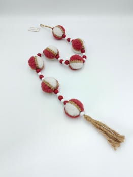 Christmas Red White Sherpa Ball Wood Bead Garland with Jute Tassel, Farmhouse Holiday Mantel Hanging Decoration