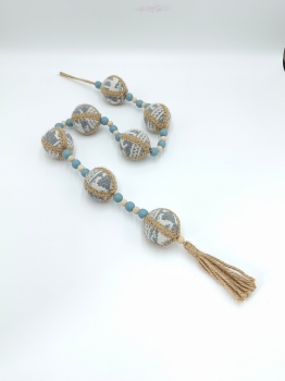Boho Farmhouse Blue‑Grey Woven Fabric Ball Wood Bead Garland with Jute Tassel, Rustic Home Hanging Ornament