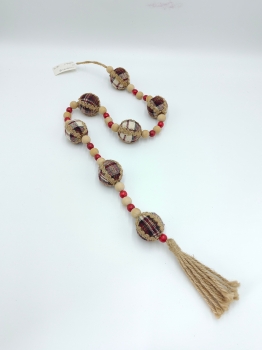Farmhouse Plaid Fabric Wrapped Ball Wood Bead Garland with Jute Tassel for Christmas Home Decor