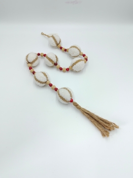 Farmhouse White Sherpa Ball Wood Bead Garland with Jute Tassel, Cottage Style Holiday Hanging Decoration