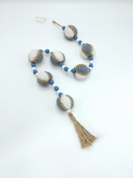 Neutral Grey‑Blue Sherpa Ball Wood Bead Garland with Jute Tassel, Farmhouse Boho All‑Season Hanging Decor