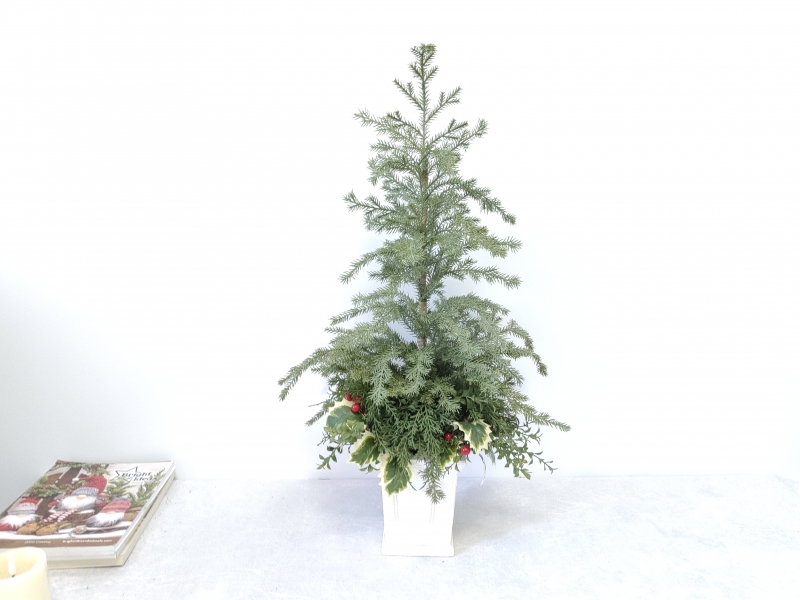 Rustic Artificial Christmas Tree with Holly & Red Berries, White Square Pot Ornament