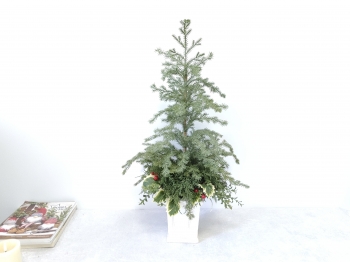  Rustic Artificial Christmas Tree with Holly & Red Berries, White Square Pot Ornament