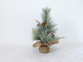 Rustic Mini Flocked Fir Tree, Burlap Base with Pine Cones & Red Berries Home Decor Rustic Mini Flocked Fir Tree, Burlap Base with Pine Cones & Red Berries Home Decor