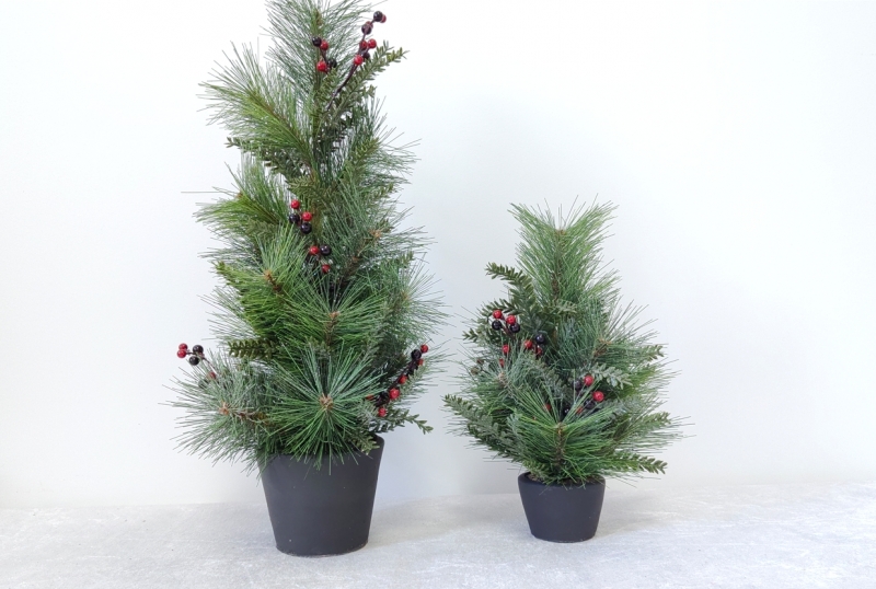 Artificial Pine Christmas Tree in Grey Pot with Red & Black Berry Accents, Tabletop Decor