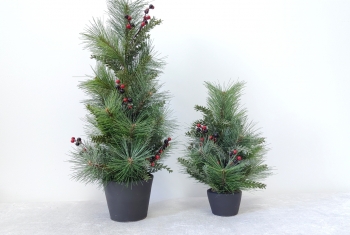 Artificial Pine Christmas Tree in Grey Pot with Red & Black Berry Accents, Tabletop Decor