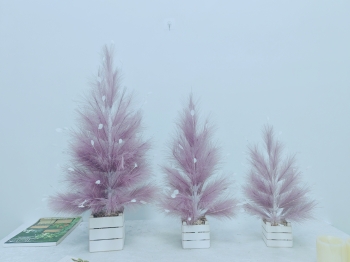 Lavender Purple Feather Mini Christmas Tree, White Wooden Crate Base 3‑Piece Set