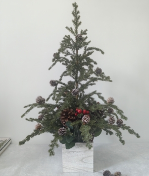 Pine Cone & Red Berry Tabletop Christmas Tree in Marble Pot