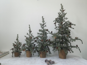 Frosted Artificial Spruce Mini Christmas Tree, Distressed Terracotta Pot 4‑Piece Set