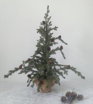 Artificial Spruce Christmas Tree, Burlap‑Wrapped Base with Pine Cones
