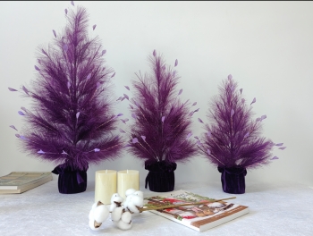 Deep Purple Feather Mini Christmas Tree, Velvet Base 3‑Piece Set