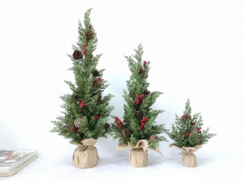 Mini Christmas Evergreen Arrangement in Burlap Wrap with Pine Cones & Red Berries, Tabletop Decor