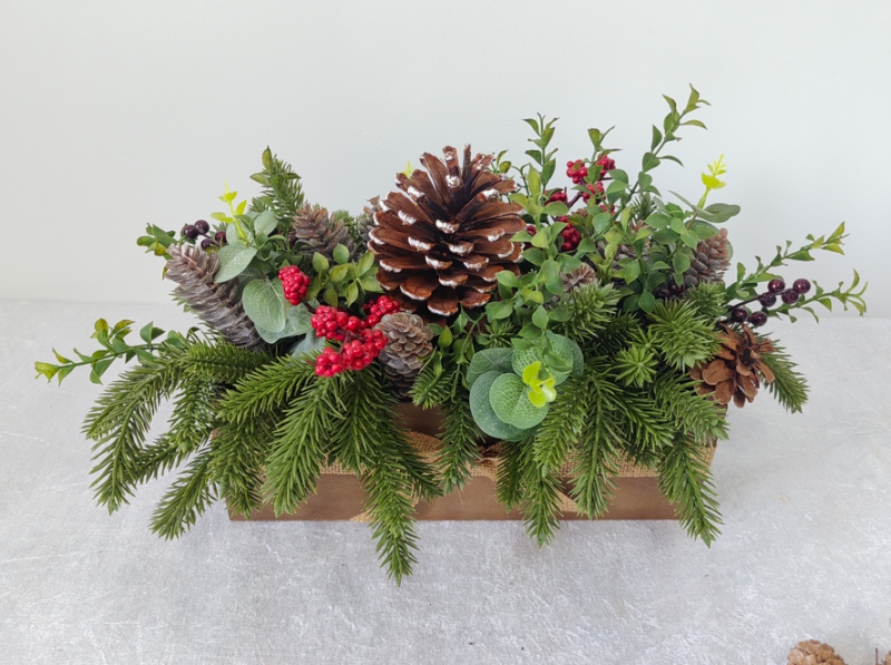 Artificial Pine & Red Berry Centerpiece with Wooden Tray