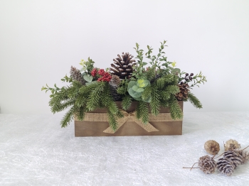 Artificial Pine & Red Berry Centerpiece with Wooden Tray