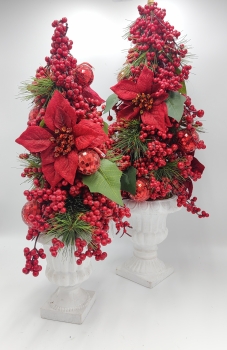 Artificial Red Poinsettia & Berry Topiary in Urn Pot