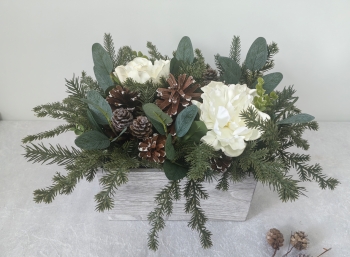 Artificial White Peony & Pine Centerpiece in Wooden Box