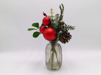 Christmas Ornament Arrangement in Ribbed Glass Vase