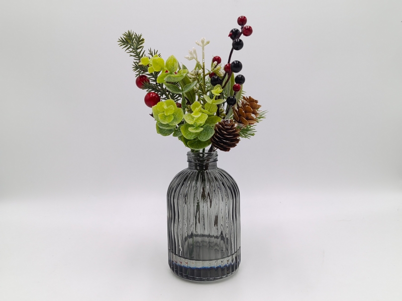 Christmas Berry Arrangement in Charcoal Ribbed Glass Vase