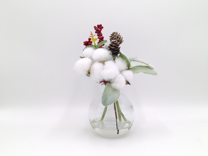 Christmas Cotton Branch Arrangement in Glass Ball Vase