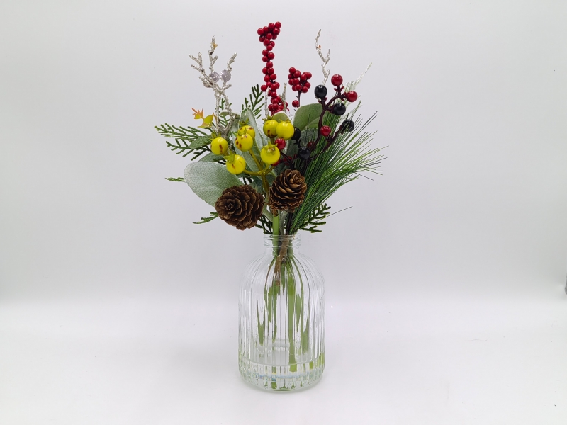 Christmas Berry & Pine Arrangement in Ribbed Glass Vase