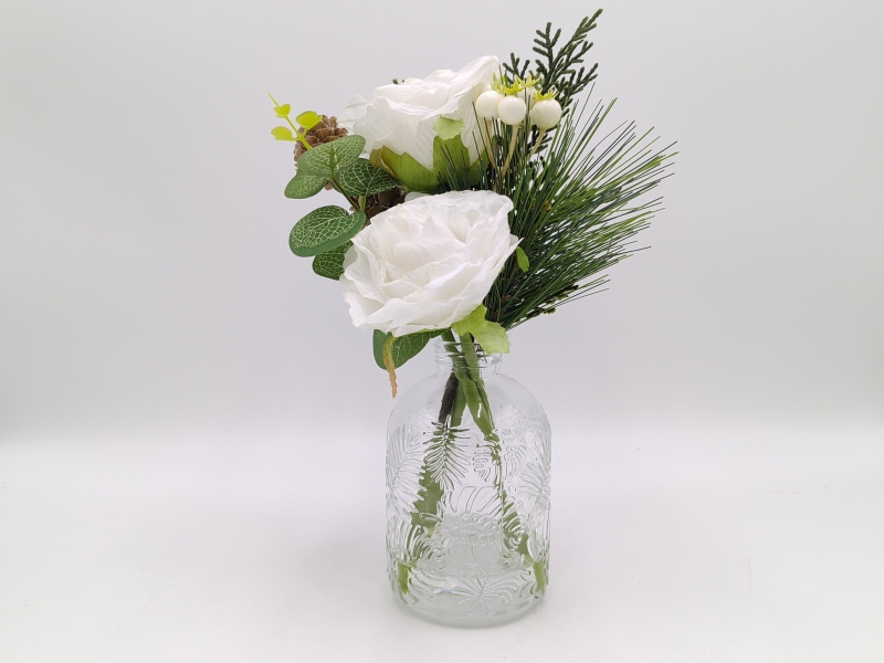 White Rose Christmas Arrangement in Patterned Glass Vase
