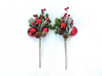 Christmas Picks with Red Ornaments, Berries & Pinecones