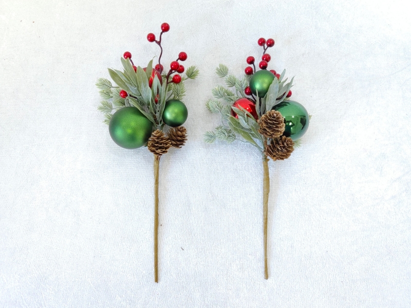 Christmas Picks with Red & Green Ornaments and Berries