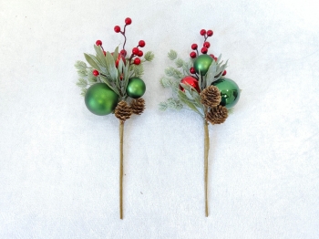 Christmas Picks with Red & Green Ornaments and Berries