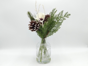White Winter Flower Arrangement in Patterned Glass Vase